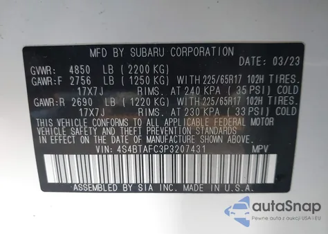 2023 Subaru Outback Premium z USA, uszkodzony, nr VIN 4S4BTAFC3P3207431